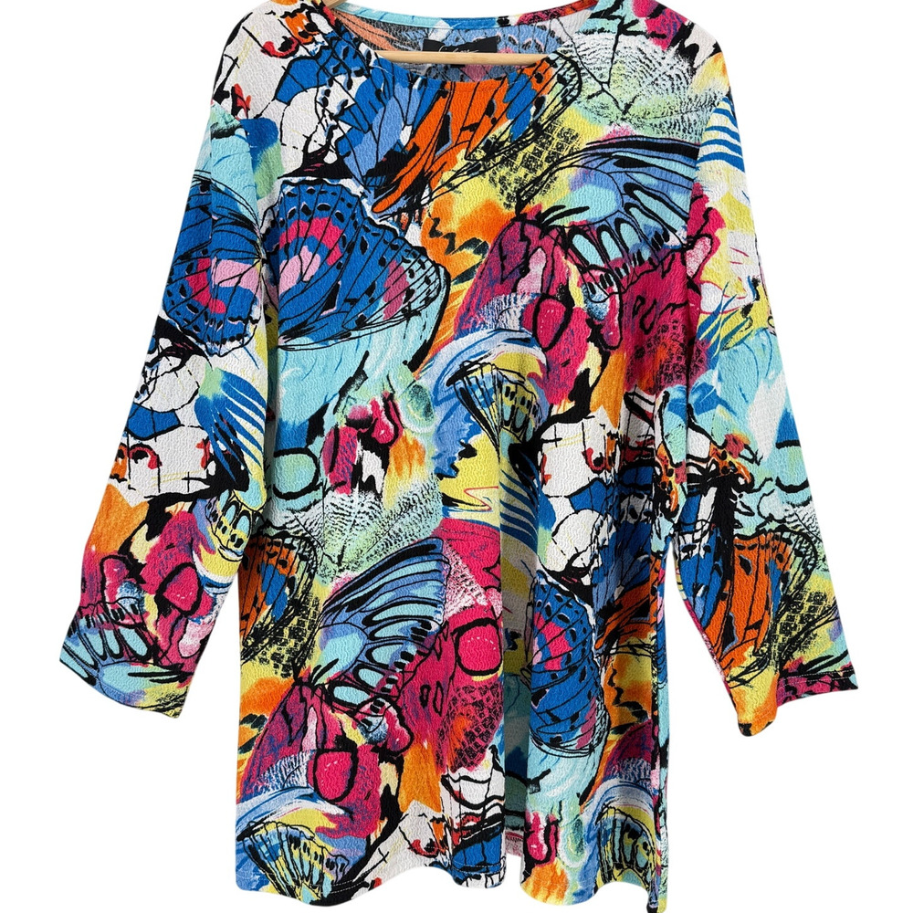 Calessa Crinkled Butterfly Print Tunic Shirt Size Small Art To Wear Textured